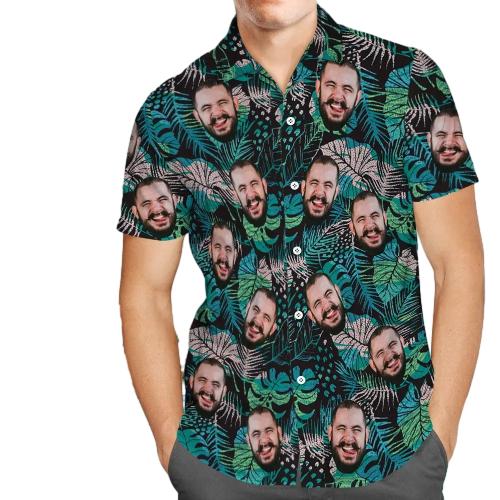 Custom Face Hawaiian Shirt Men's All Over Print Large Leaves Short Sleeve Shirt