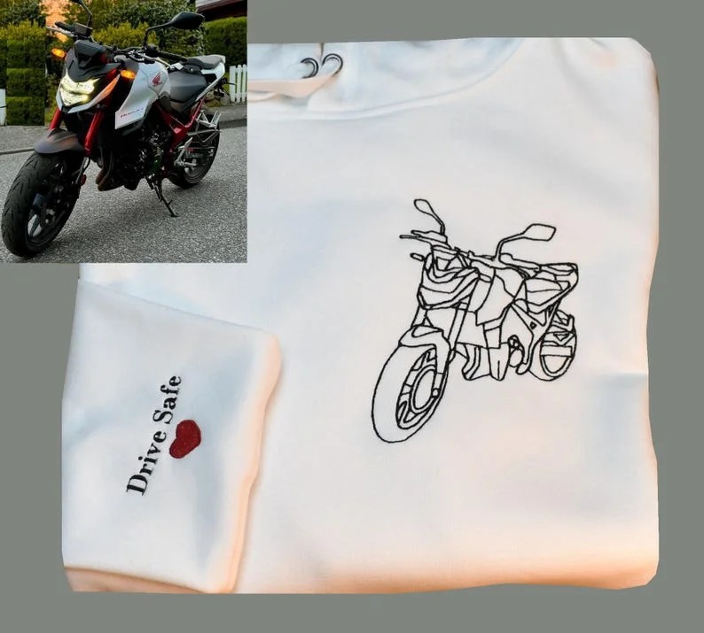 Personalized Embroidered Premium Hoodie With Outline Image Of Your Motorcycle - CustomFacePajamas