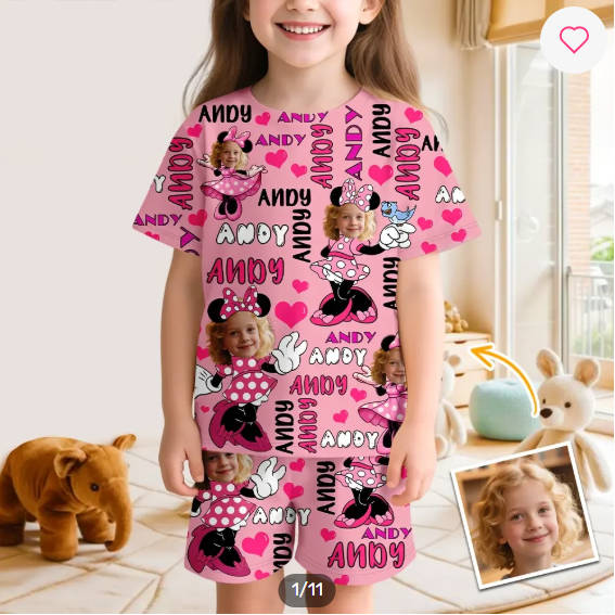 Custom Kid's Short Sleeve Round Neck Pajama Mouse Ears in Various Poses For Girl