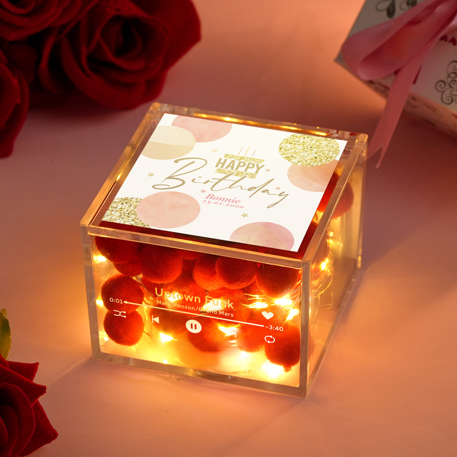 Personalized Red Heart Mini Music Record Player For Birthday Custom Names and Date in an Acrylic Box