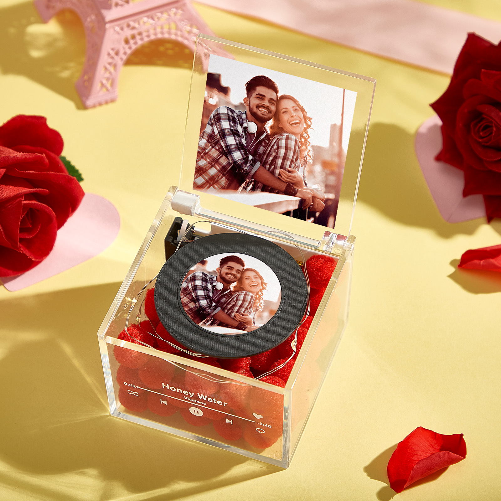 Custom Mini Vinyl Record Player with Auto-Play Feature, Photo, and Romantic Warm Light