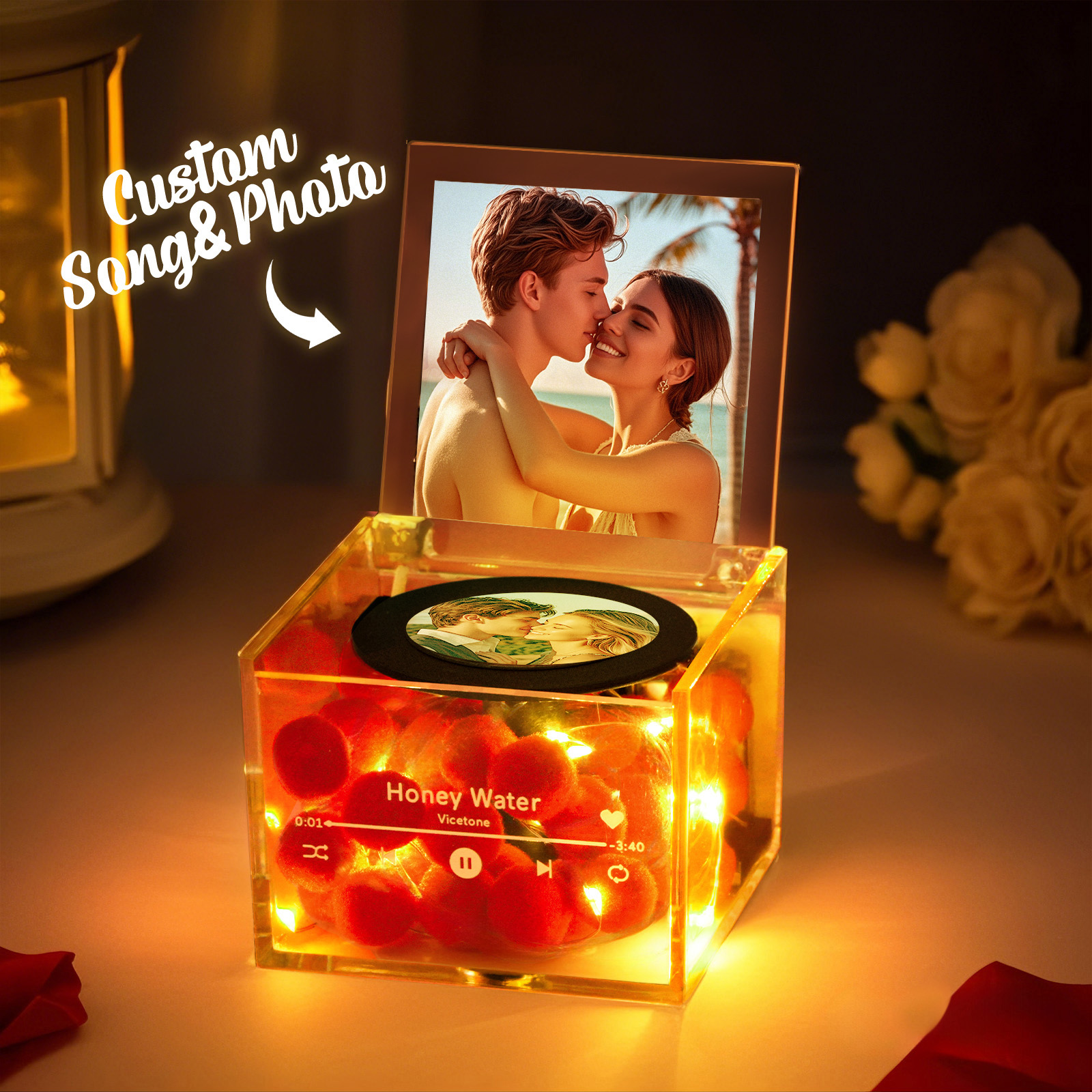 Mini Music Record Player Custom Calendar and Name in a Personalized Acrylic Box Valentine's Day Gift