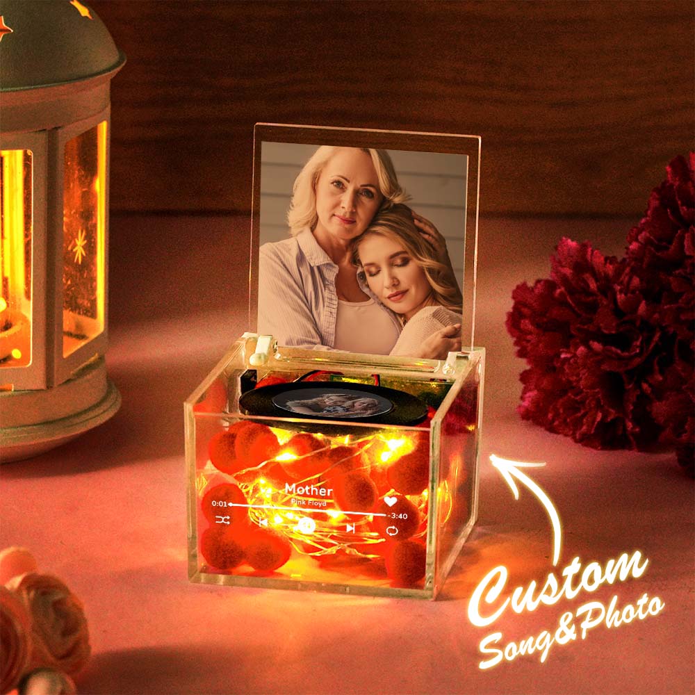 Custom Red Heart Mini Music Record Player For Birthday Custom Names and Date in an Acrylic Box