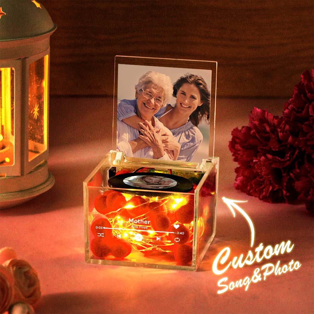 MOTHER'S DAY 4 Personalized Red Heart Mini Music Record Player For Birthday Custom Names and Date in an Acrylic Box