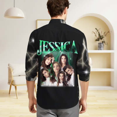 Custom Photo and Text Long Sleeve Shirts Personalized Photo Gift Men's Vintage Personality Lightning Shirts