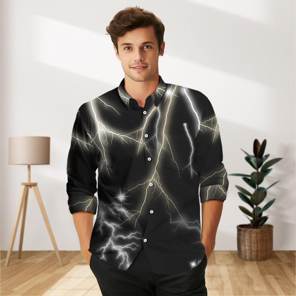 Custom Photo and Text Long Sleeve Shirts Personalized Photo Gift Men's Vintage Personality Lightning Shirts