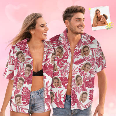 Custom Face Hawaiian Shirt Red Tropical Hibiscus Hawaiian Shirt Gift for Couple