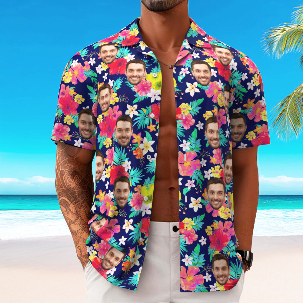 Custom Hawaiian Shirt for Men Personalized Short Sleeves Shirt with Picture Face Photo Printed Hawaii Shirt Colorful Flower - CustomFacePajamas