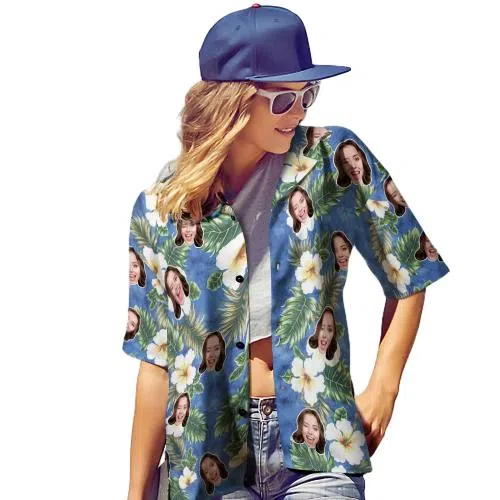 Custom Face Hawaiian Shirt Personalized Photo Summer Shirts for Women - Hibiscus