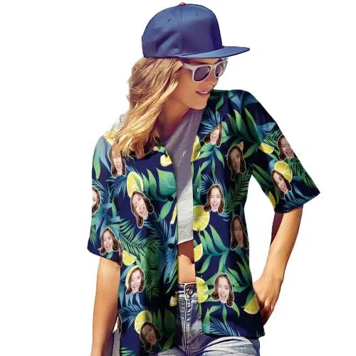 Custom Face Hawaiian Shirt Personalized Photo Summer Shirts for Women - Lemon