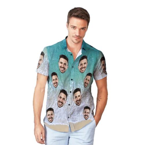 Custom Face Hawaiian Shirt And Beach Shorts Personalized Men's Photo Wave Print Vacation Party Gift