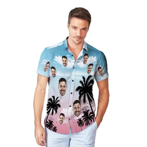 Custom Face Hawaiian Shirt And Beach Shorts Personalized Men's Photo Coconut Tree View Vacation Party Gift