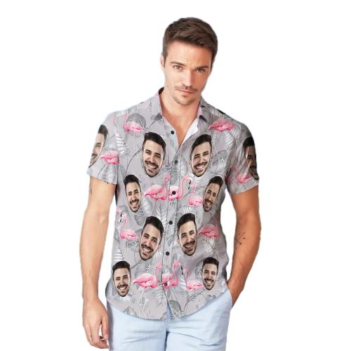 Custom Face Hawaiian Shirt And Beach Shorts Personalized Men's Photo Casual Resort Flamingo Print Vacation Party Gift