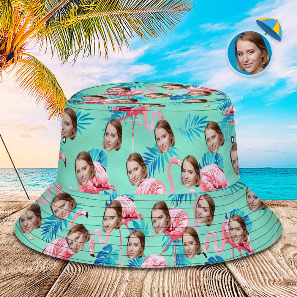 Custom Face Bucket Hat Flamingo Tropical Hat With Allover Printed Green and Palm Leaves - CustomFacePajamas