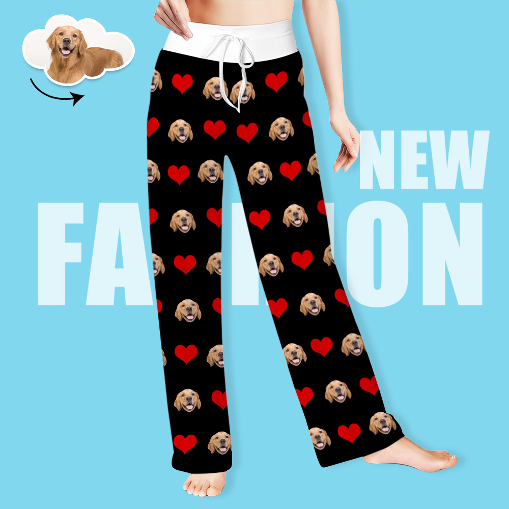 Custom Pet Face Pants Ladie's Loose Wide-leg Pants Heart Pattern
