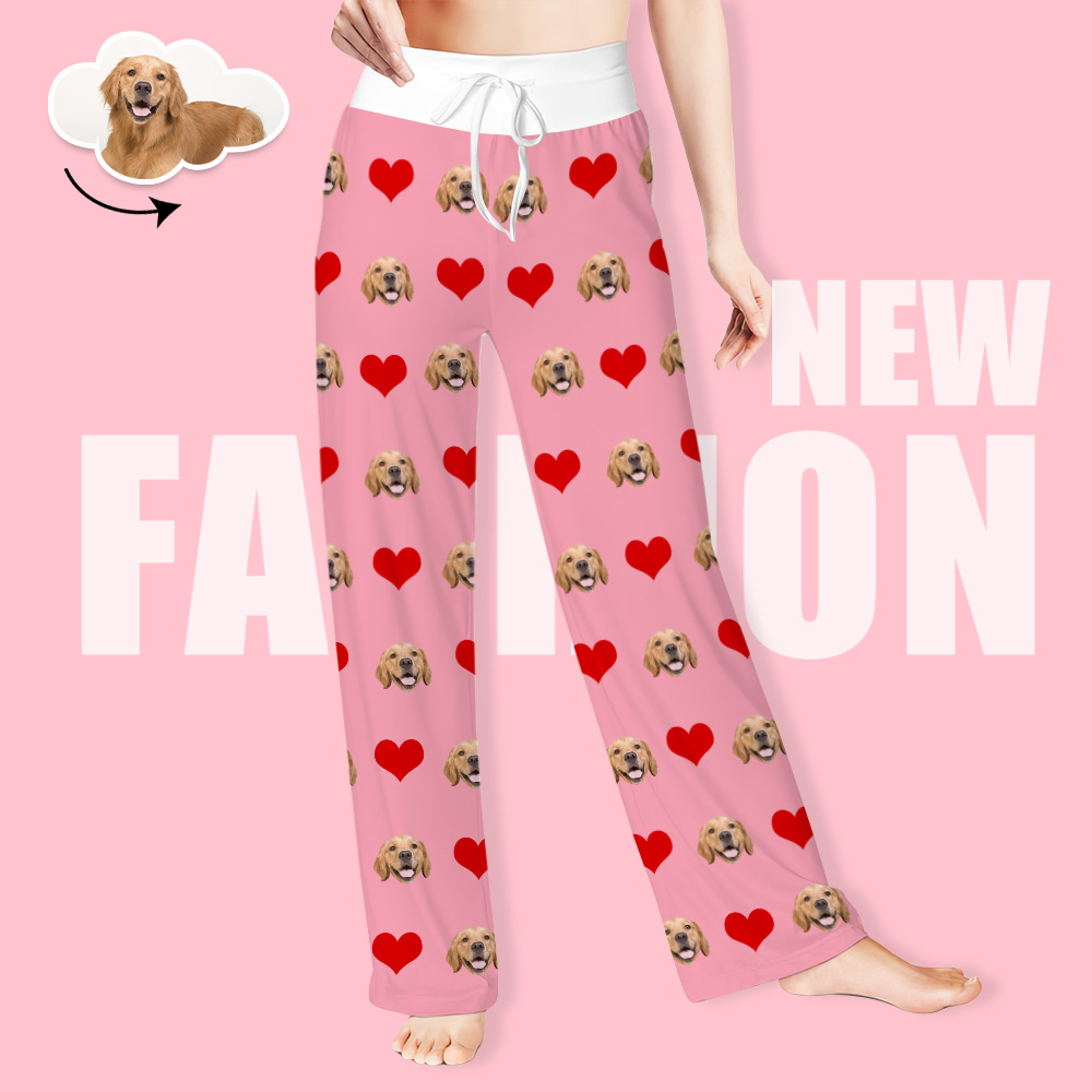 Custom Pet Face Pants Ladie's Loose Wide-leg Pants Heart Pattern