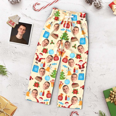 Custom Face Pants Ladie's Loose Wide-leg Pajama Pants Santa Claus and Gingerbread Man Merry Christmas