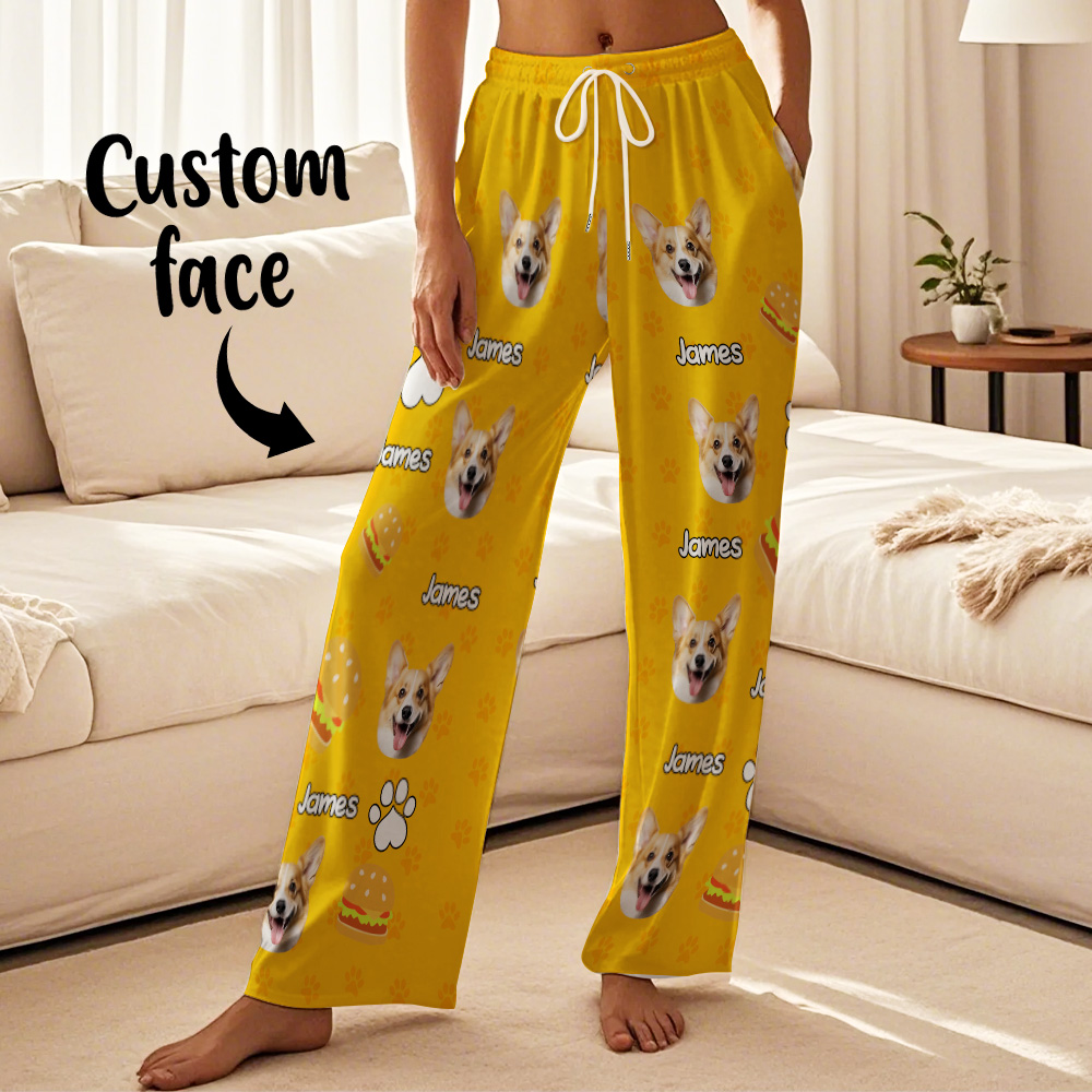 Custom Photo Funny Dog Cat Face Pajamas Pants Personalized Photo Bottoms Pet Lovers Pajamas