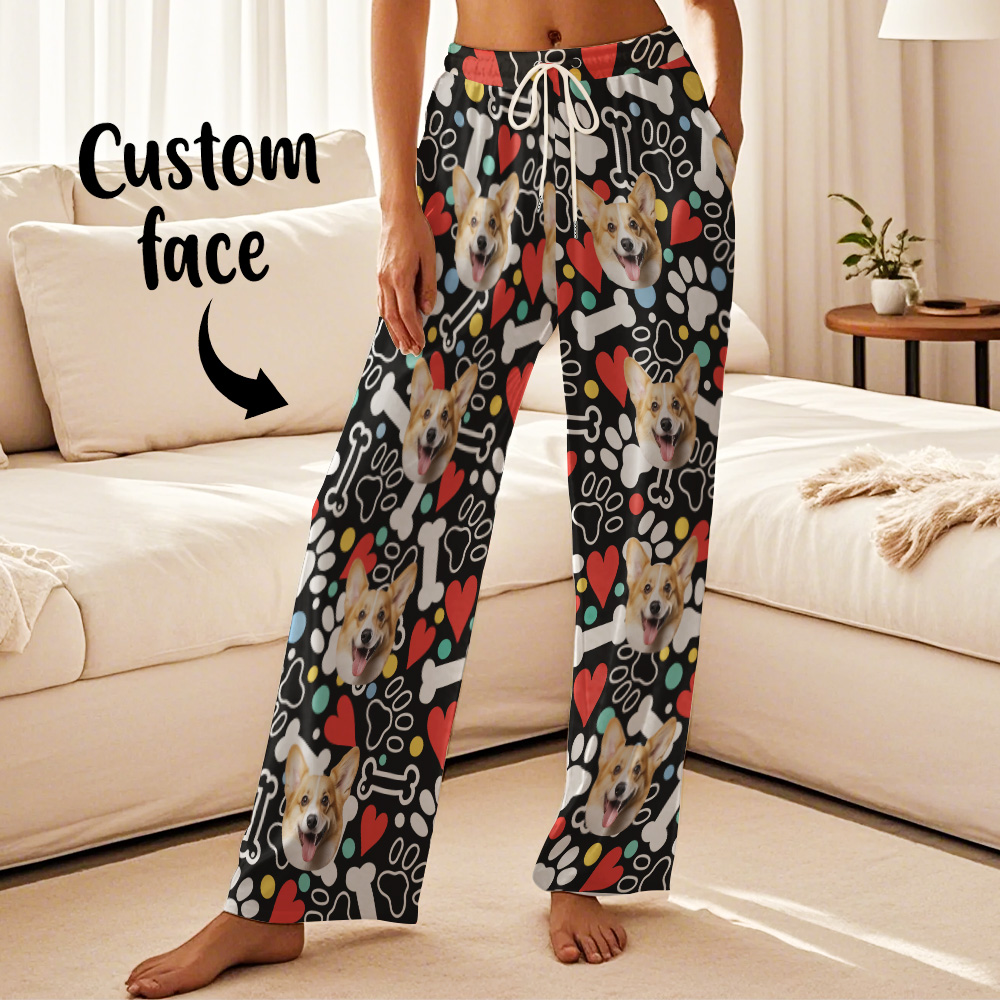 Custom Dog Face Pajamas Pants Personalized Photo Bottoms Pet Cat Heart Printed Pajamas
