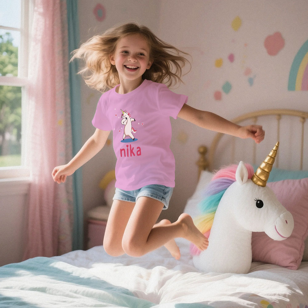 Custom Kid's Pajama Unicorn Style for Little Girls Soft Modal Fabric Homewear, Personalized Pajama Sizes 39in to 59in Short Sleeve & Shorts - CustomFacePajamas