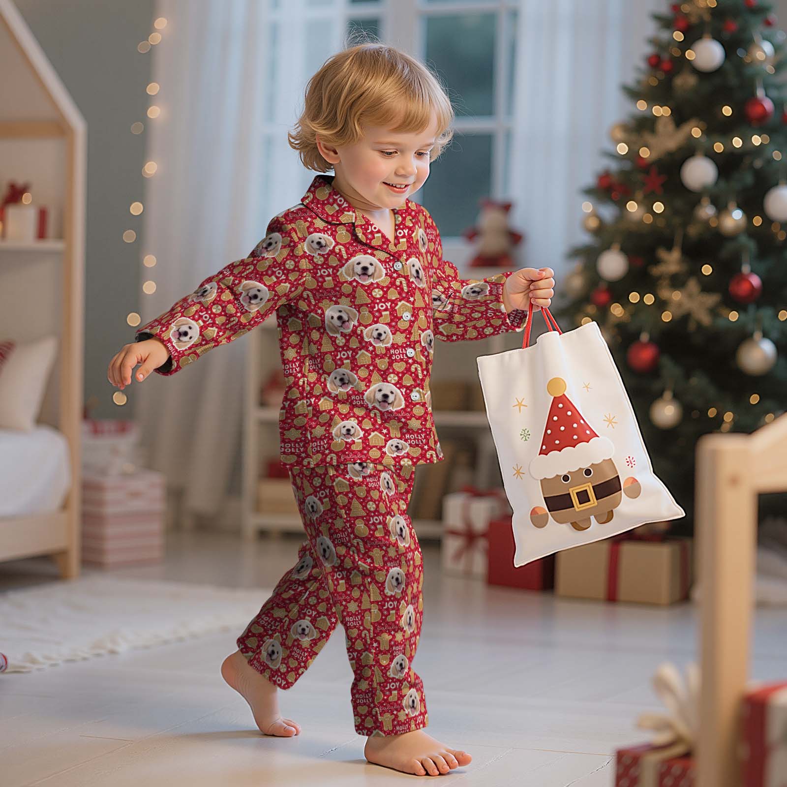 Custom Children's PJs with Pet Picture & Festive Gingerbread Plaid Print - CustomFacePajamas