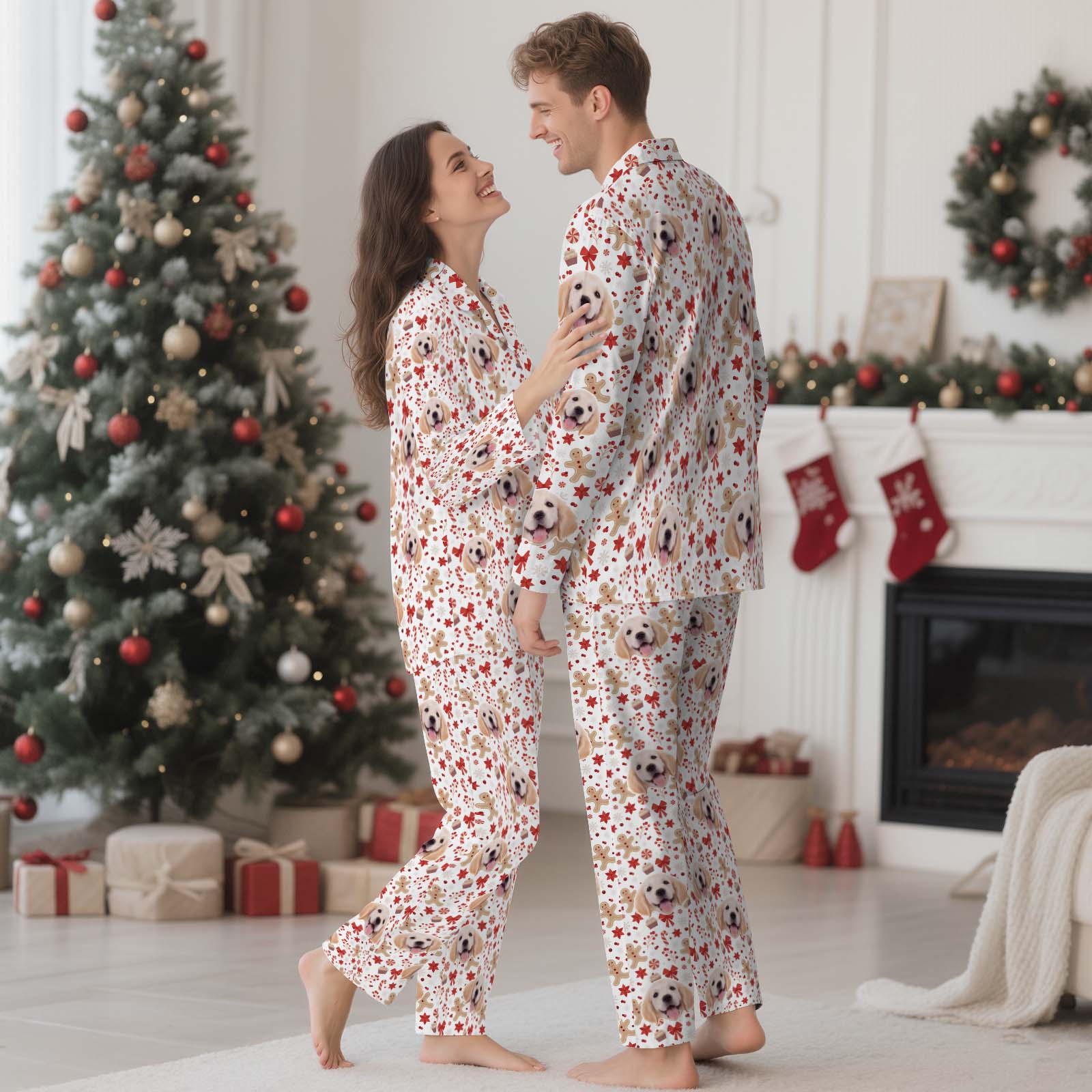 Personalized Pet Photo Christmas Pajamas with Gingerbread & Plaid Patterns - CustomFacePajamas