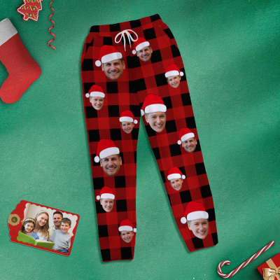 Custom Face Sweatpants Personalized Photo Christmas Family Buffalo Plaid Golf Pants for Him
