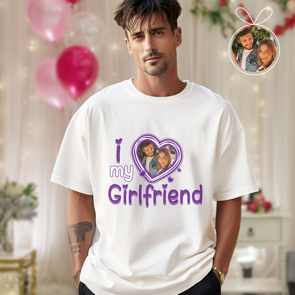 Custom Photo and Text Couple Shirt Gift For Couple Husband And Wife-I Love My Boyfriend