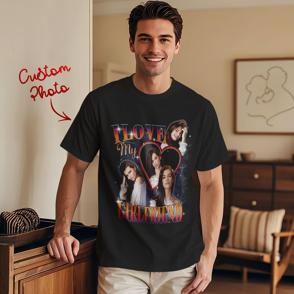 Custom Vintage Photo Printing T-shirt Personalized Soulmate I Love My Girlfriend Photo Heart T-shirt - mysiliconefoodbag