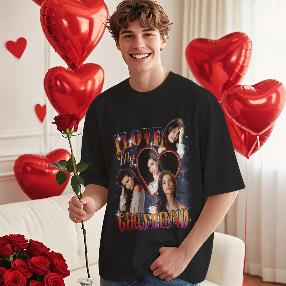 Custom Vintage Photo Printing T-shirt Personalized Soulmate I Love My Girlfriend Photo Heart T-shirt - mysiliconefoodbag