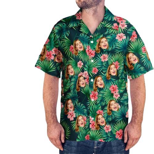 Custom Face Leaves & Flowers Hawaiian Shirt And Beach Shorts Personalized Men's Photo All Over Print Vacation Party Gift