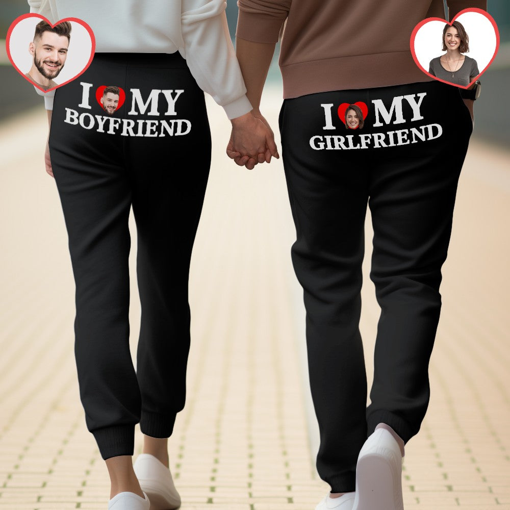 Custom Face Sweatpants Personalized I Love My Boyfriend/Girlfriend Printed Fleece Sweatpants Valentine's Day Gift for Couple - CustomFacePajamas