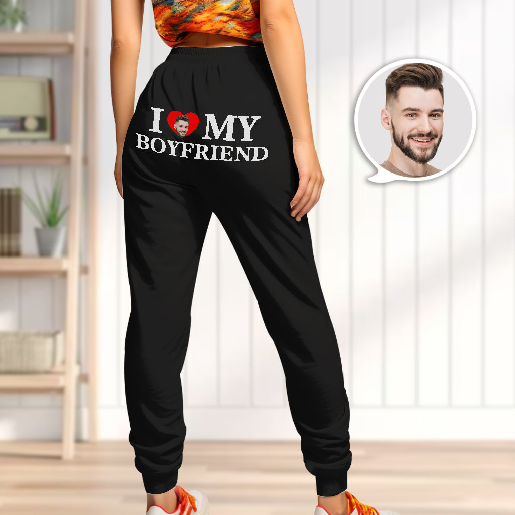 Custom Face Sweatpants Personalized I Love My Boyfriend/Girlfriend Printed Fleece Sweatpants Valentine's Day Gift for Couple - CustomFacePajamas