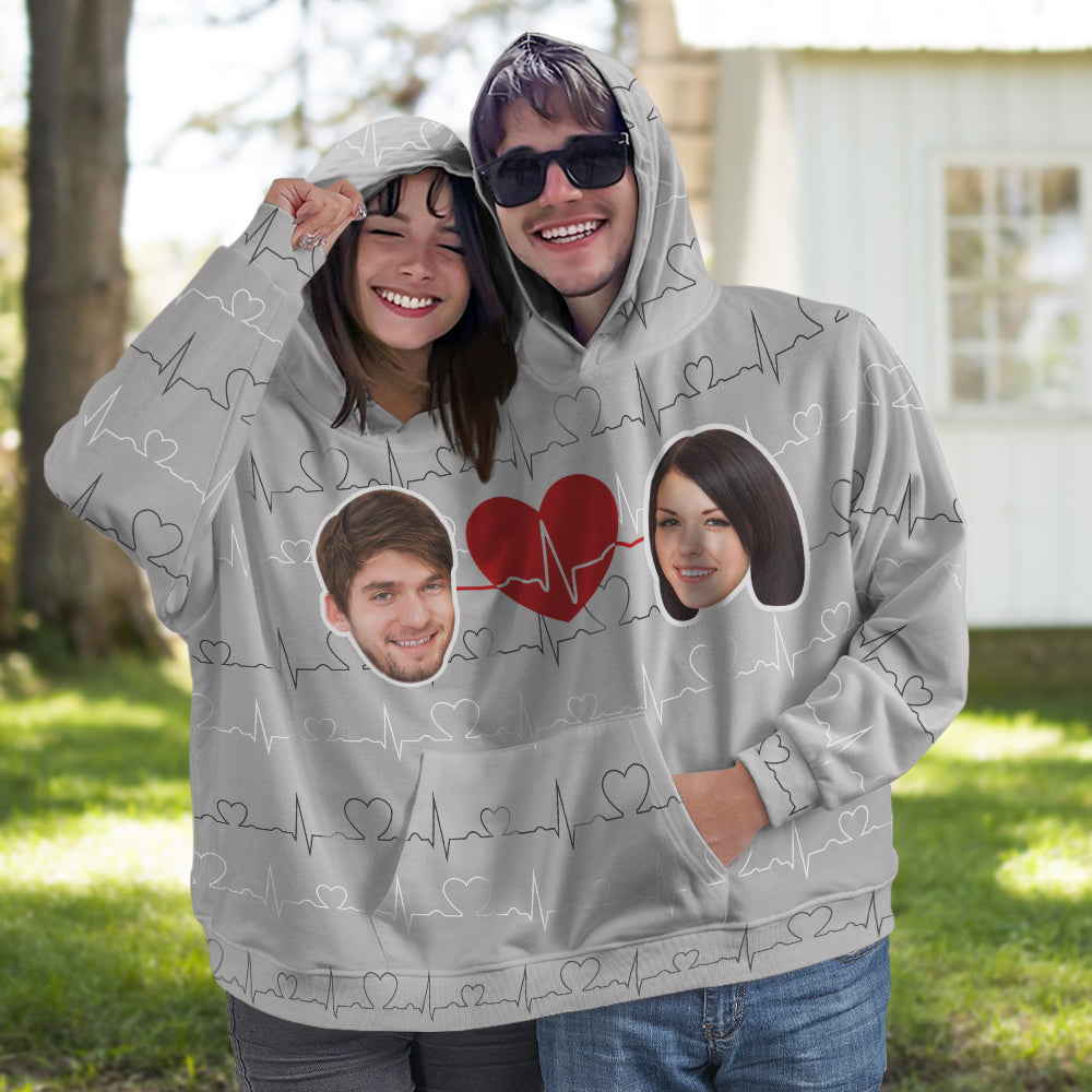Custom Face Couple's Heartbeat One Piece Sweatshirt Photo Intimate Hoodie Gift For Love