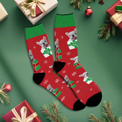 Custom Christmas Red Breathable Face Socks Personalized Dog Photo Soft Socks Gifts For Pet Lover