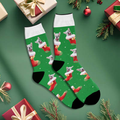 Custom Christmas Green Breathable Face Socks Personalized Dog Photo Soft Socks Gifts For Pet Lover