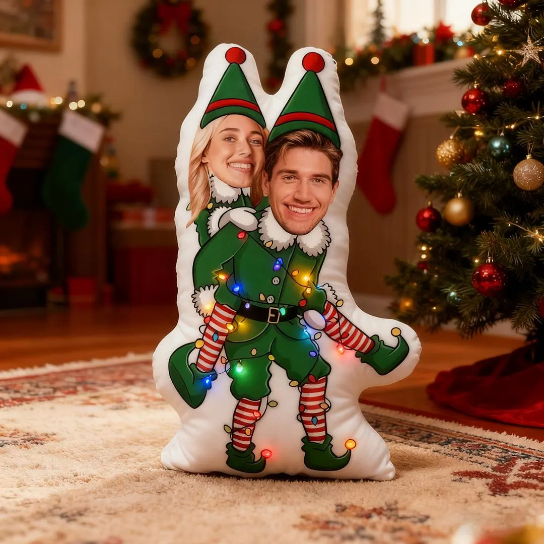 Custom Christmas Green Couple Pillow, Personalized Face Pillow, Funny Santa Claus Body Cushion, Holiday Gift for Him Her, Xmas Decor - CustomFacePajamas