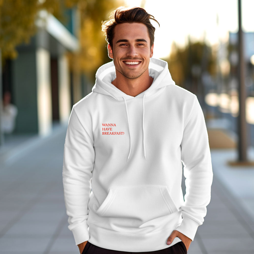 Custom QR Code Sweatshirt Personalized Social Connection Hoodie with Text WANNA HAVE BREAKFAST? - CustomFacePajamas