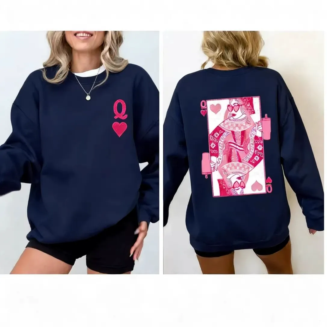 Queen of Hearts Sweatshirt Crew Neck Sweatshirt Women's Casual Long Sleeve Gift For Her - CustomFacePajamas