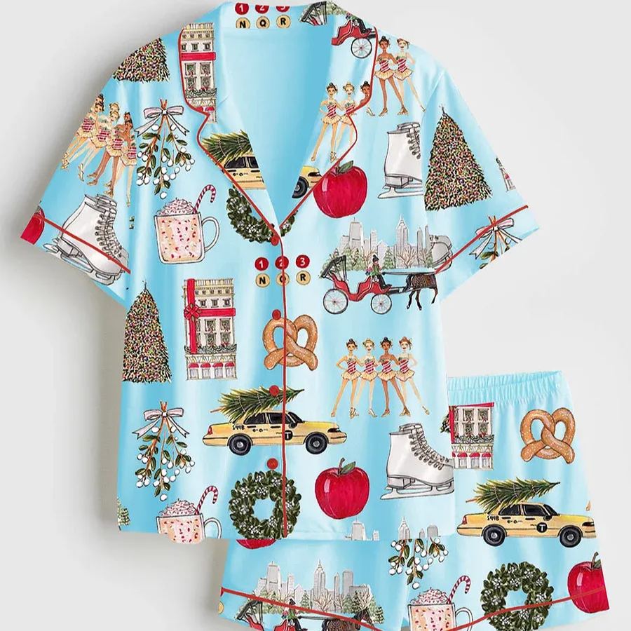 Women's New York Christmas Theme Satin Pajama Set,Sleeve Top & Pants Lounge Set, Holiday Gift