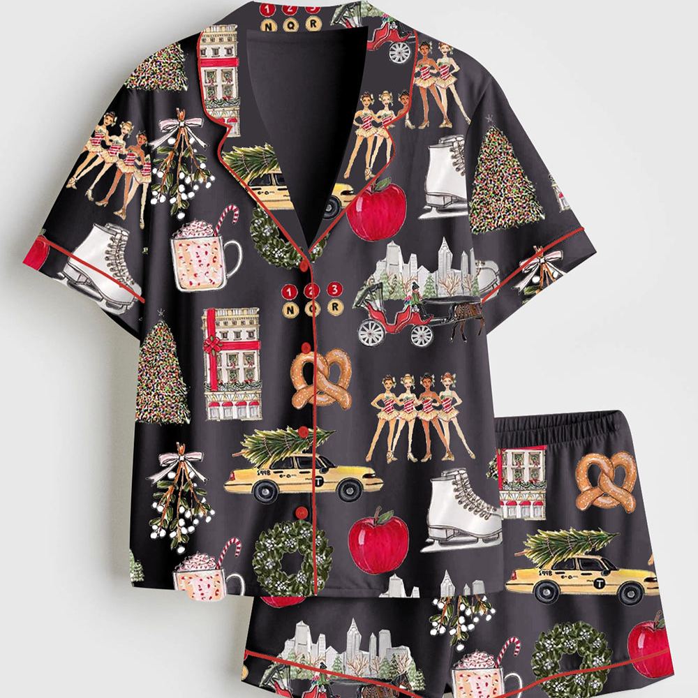 Women's New York Christmas Theme Satin Pajama Set,Sleeve Top & Pants Lounge Set, Holiday Gift