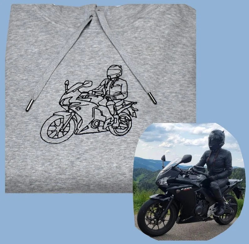 Personalized Embroidered Premium Hoodie With Outline Image Of Your Motorcycle - CustomFacePajamas