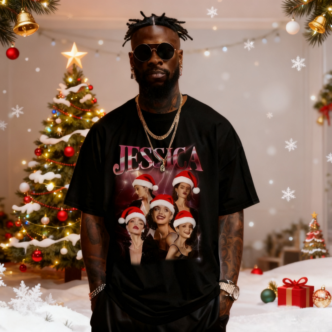 Custom Vintage Couple Tee Personalized Names Christmas Magic Cozy Love