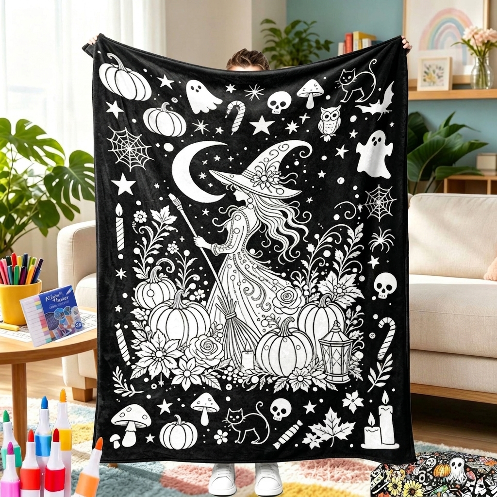 Halloween DIY Drawing Blanket – Creative Art Blanket for Kids & Adults, Spooky Halloween Activity Gift - MyFaceTshirt
