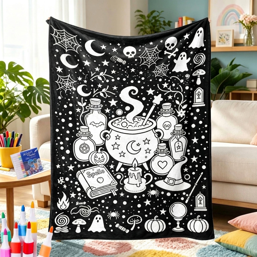 Halloween DIY Drawing Blanket – Creative Art Blanket for Kids & Adults, Spooky Halloween Activity Gift - MyFaceTshirt