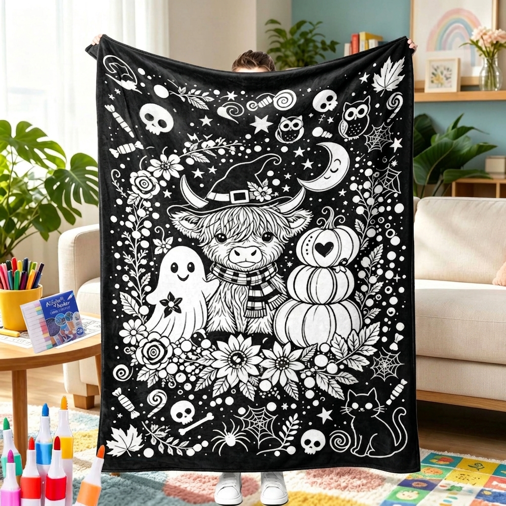 Halloween DIY Drawing Blanket – Creative Art Blanket for Kids & Adults, Spooky Halloween Activity Gift - MyFaceTshirt
