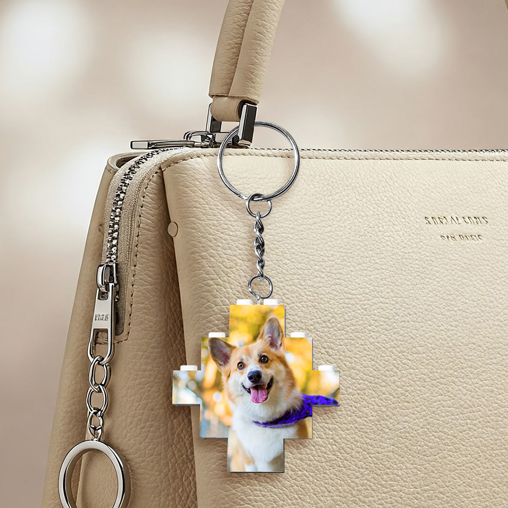 Custom Pet Photo Bag Charm - Building Block Memorial Gift for Dog/Cat Lovers | Engraved Diamond Acrylic Keyring for Christmas, Birthday & Pet Loss Comfort