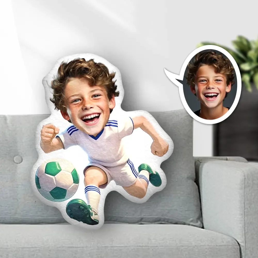 Custom Minime Pillow ​​White Jersey Soccer Laughing Athlete Memory ​​Dynamic Action Photo Birthday Children's Day