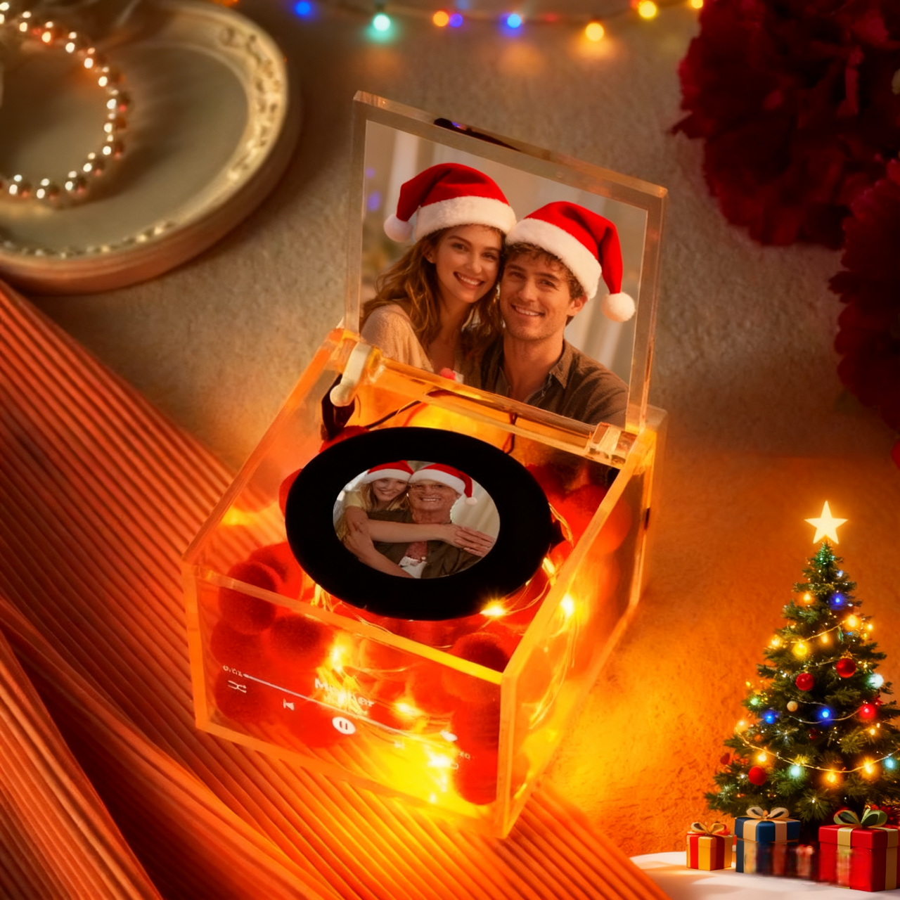 Custom Photo Acrylic Music Player Personalized Auto-Music Player Ambient LED Lights Mini Record Style Gift