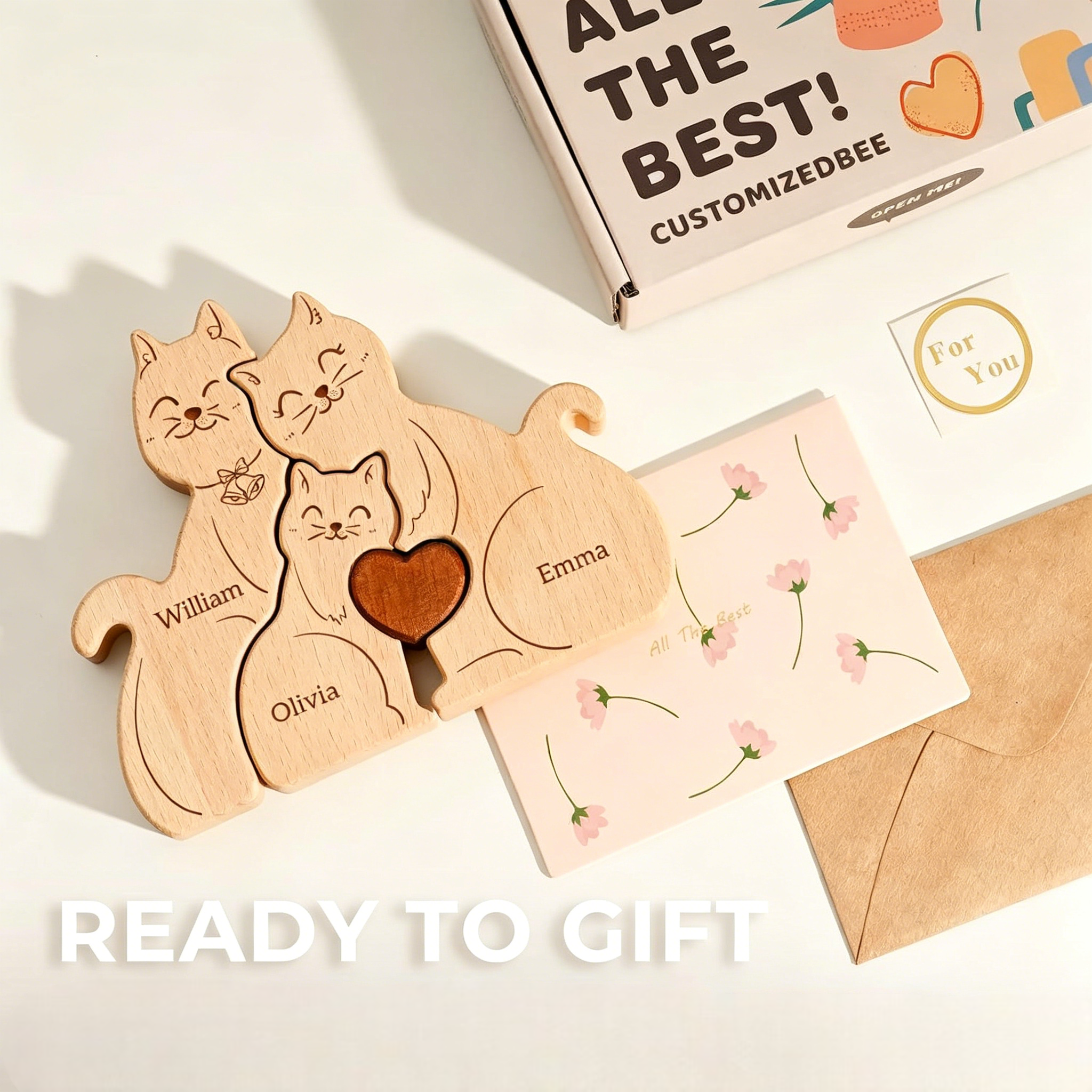 Personalized Wooden Cat Family Puzzle Home Decor Craft Ornament Mother's Day Gift